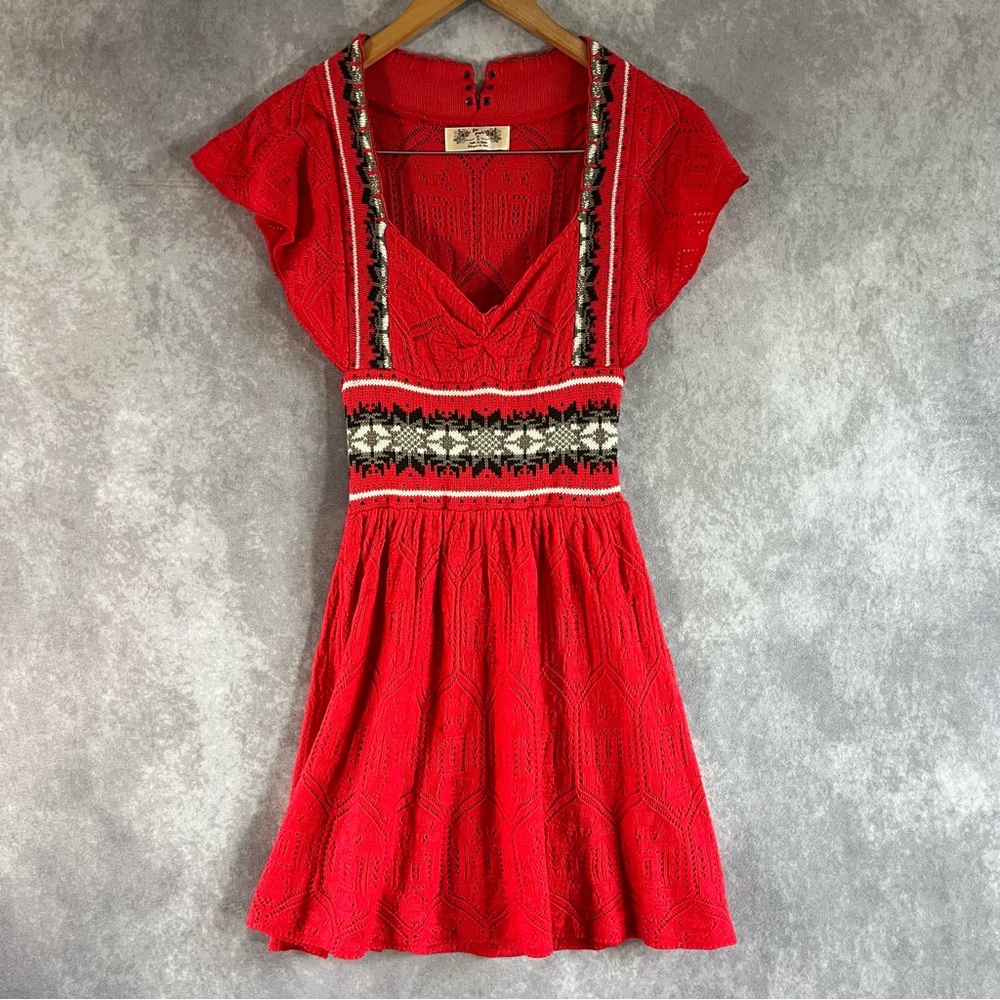 Free People Nordic Fair Isle Sweater Dress Women Small S Red Bohemian Stretch - Picture 1 of 13